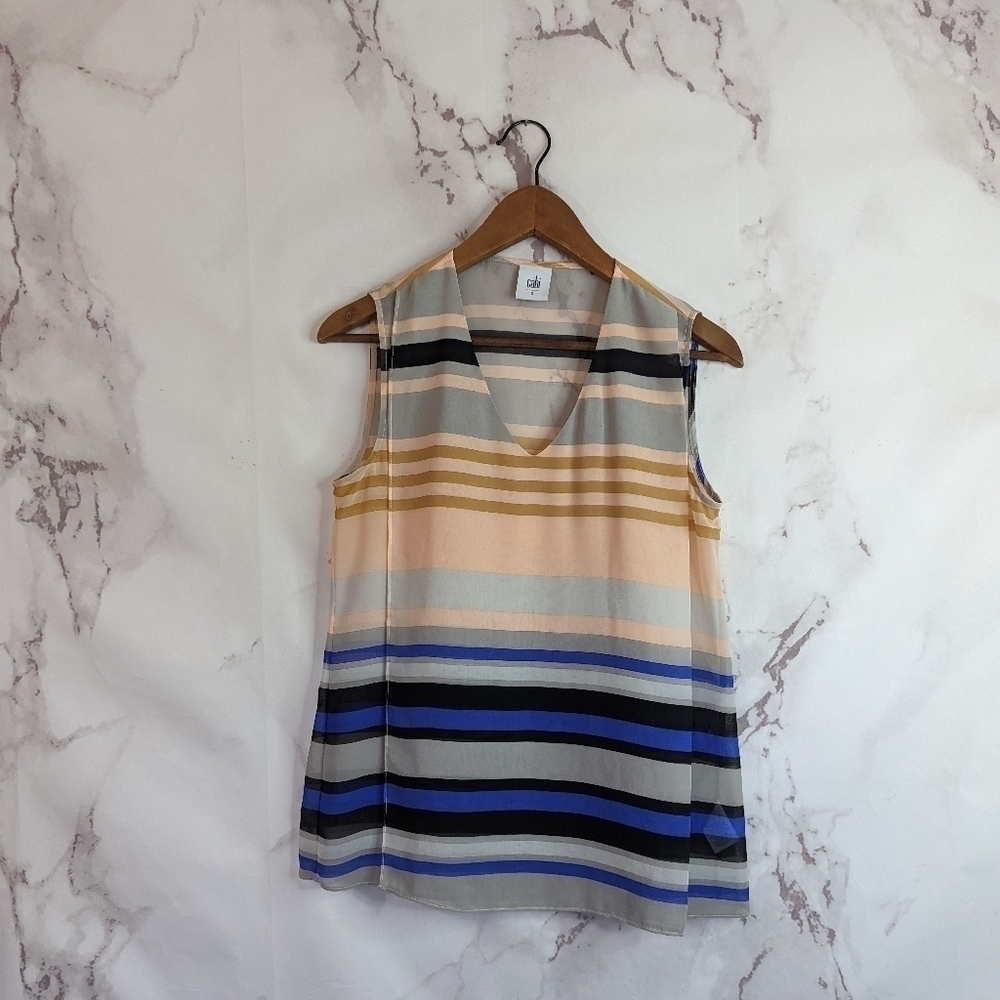 CAbi Tank Blouse Womens Small Striped Pink Blue Gray Layered 3275 V Neck Summer